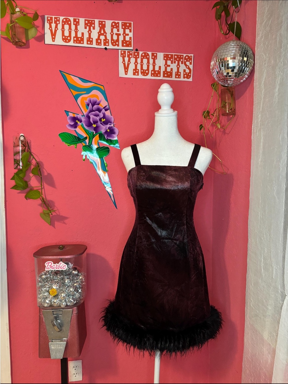 Vintage Maroon Faux Fur-Hem Mini Dress - Size Medium